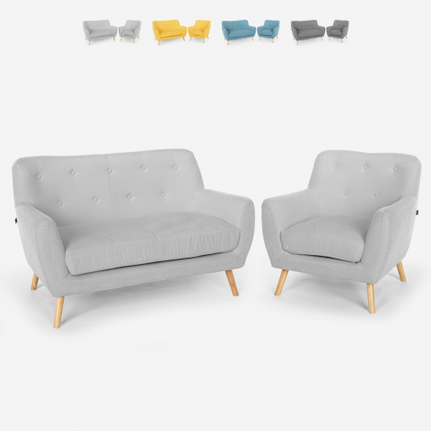Sala de estar poltrona sofá 2 lugares design escandinavo madeira e tecido Algot