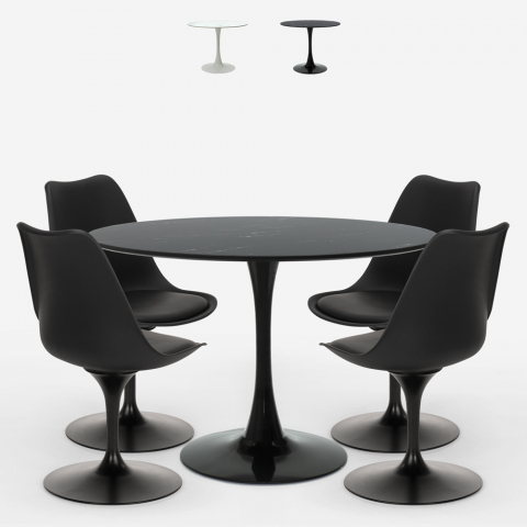 Set mesa redonda 120 cm efeito mármore Tulip 4 cadeiras moderno Paix
