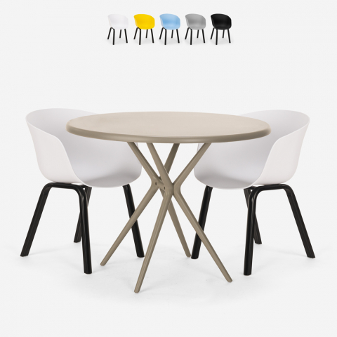 Set mesa design redonda 80 cm bege 2 cadeiras Oden