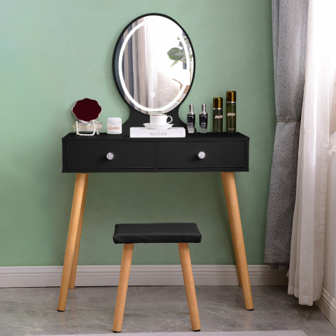 Toucador maquilhagem escandinavo preto gavetas espelho LED Serena Black