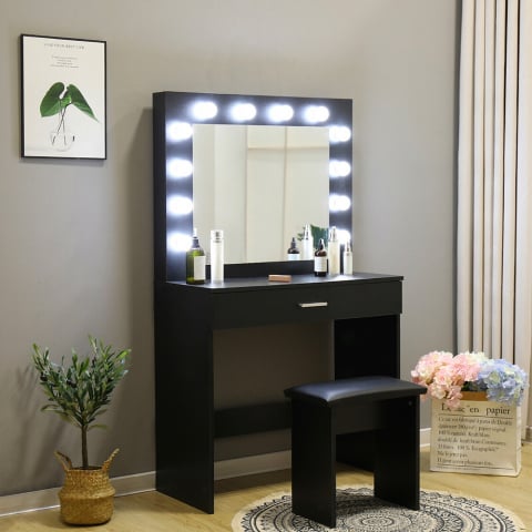Móvel de Maquilhagem preto c/Lâmpadas, Iluminação, Espelho e Banco, Gaia Black Promoção