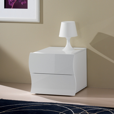 Mesa de cabeceira com 2 gavetas para quarto branco brilhante Onda Smart