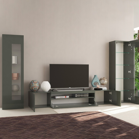 Estante módulo de parede antracite brilhante sala com móvel TV e 2 vetrinas Daiquiri Promoção