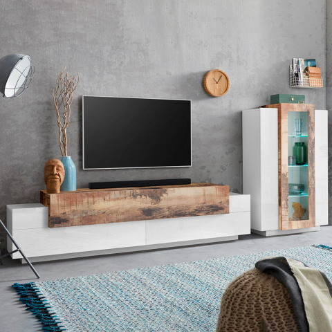 Estante módulo de parede sala com móvel TV e vitrina branco madeira Corona Promoção
