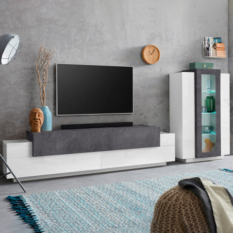 Estante módulo de parede sala com móvel TV e vitrina branco ardósia Corona