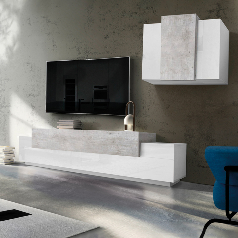 Estante módulo de parede sala com móvel TV e módulo suspenso branco e cinzento Corona