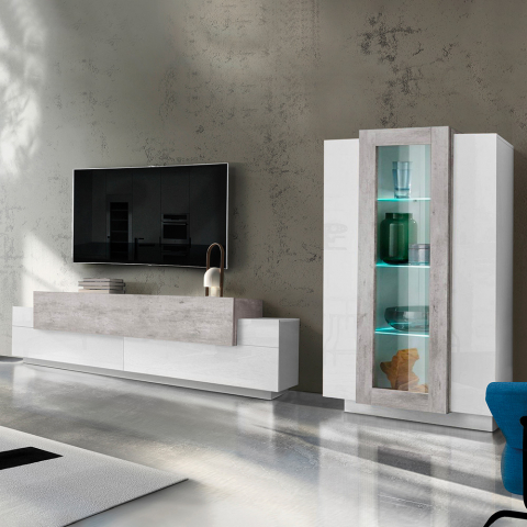 Estante módulo de parede sala com móvel TV e vitrina branco cinzento Corona Promoção