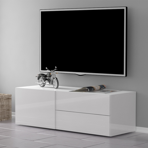 Móvel de TV design sala de estar compartimento 2 gavetas 110cm branco brilhante Metis