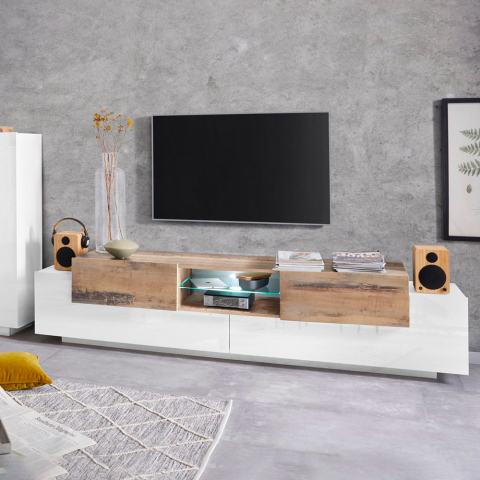TV meubel 220cm open vak 3-deurs wit en hout New Coro Low L Promoção