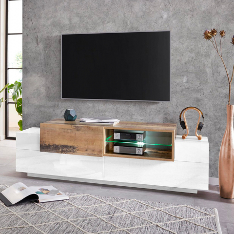 TV-meubel 3-deurs open vak 160cm wit en hout New Coro Low M Promoção