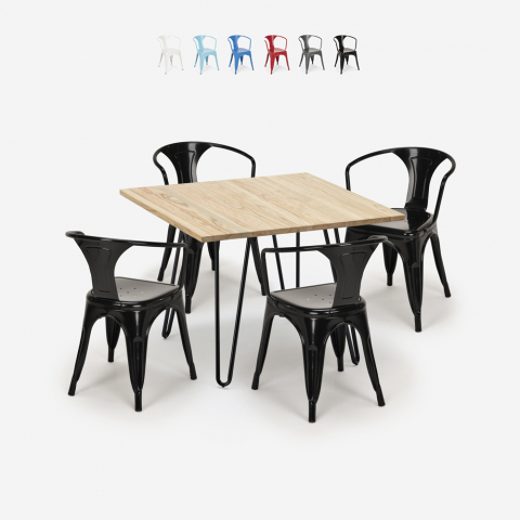 Conjunto de mesa 80x80cm design industrial 4 cadeiras estilo tolix bar cozinha Reims Light