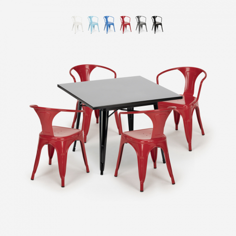 Conjunto de mesa de aço estilo industrial 80x80cm 4 cadeiras tolix cozinha restaurante Century Black