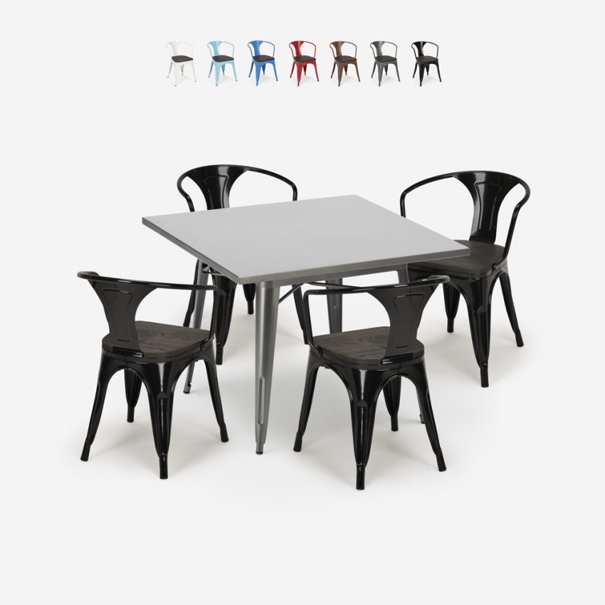 Conjunto Mesa e 4 Cadeiras Madeira escura Aço Uso intensivo 80x80cm Century Wood Promoção Conjunto Mesa e 4 Cadeiras Madeira escura Aço Uso intensivo 80x80cm Century Wood Promoção
