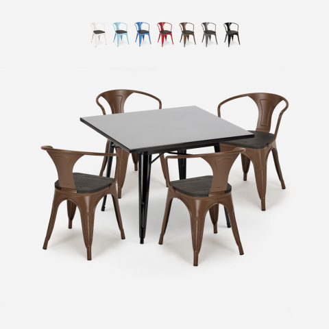 Conjunto industrial mesa 80x80cm 4 cadeiras estilo tolix madeira aço cozinha Century Wood Black