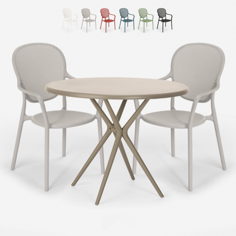 Set mesa redonda bege 80cm 2 cadeiras design moderno exterior Valet