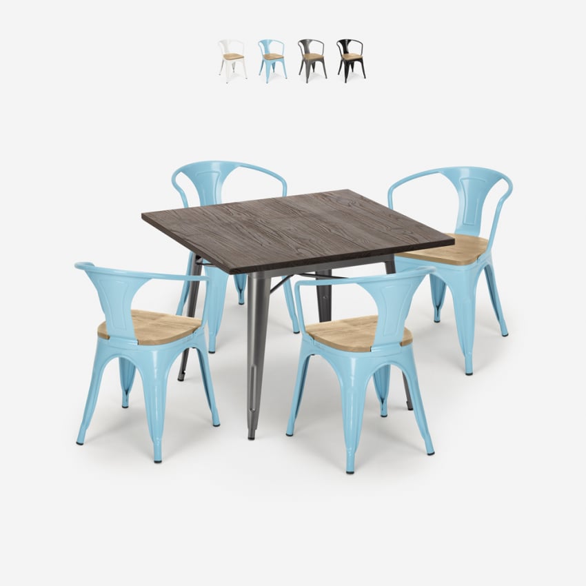 Conjunto de Mesa e 4 Cadeiras p/Cozinha e Café 80x80cm Madeira e Metal Hustle Top Light Venda