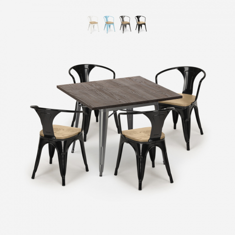 Conjunto de Mesa e 4 Cadeiras p/Cozinha e Café, 80x80cm, Madeira e Metal, Hustle Top Light Promoção