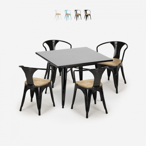 Conjunto de Mesa e 4 Cadeiras Madeira Clara, Aço, Antirriscos, 80x80cm, Century Black Top Light Promoção