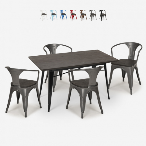 Set 4 stoelen tolix hout tafel 120x60cm industriële eetkamer Caster Wood