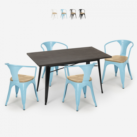 Conjunto 4 cadeiras tolix madeira mesa industrial 120x60cm Caster Top Light