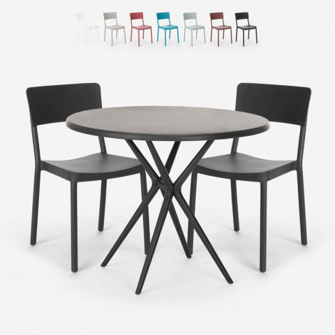 Set mesa redonda preta 80cm 2 cadeiras design moderno Aminos Dark