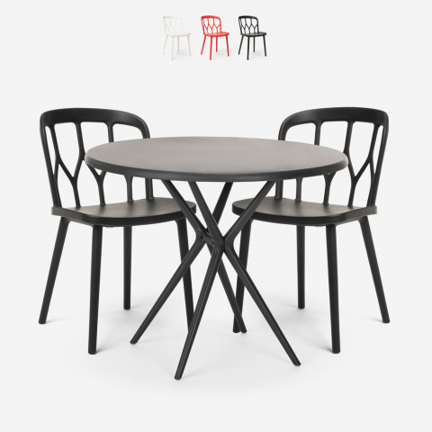 Set mesa redonda preta 80cm 2 cadeiras polipropileno Kento Dark