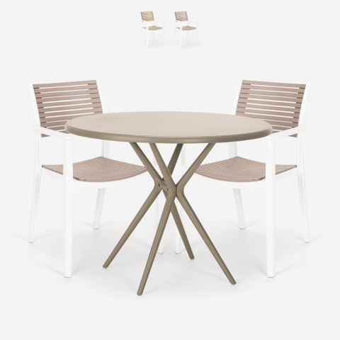 Conjunto mesa redonda 80cm bege 2 cadeiras propileno design Fisher