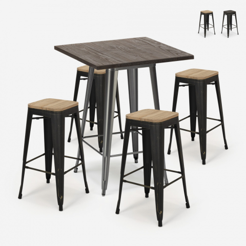 Conjunto mesa bar alto 60x60cm 4 bancos tolix metal madeira industrial Bent