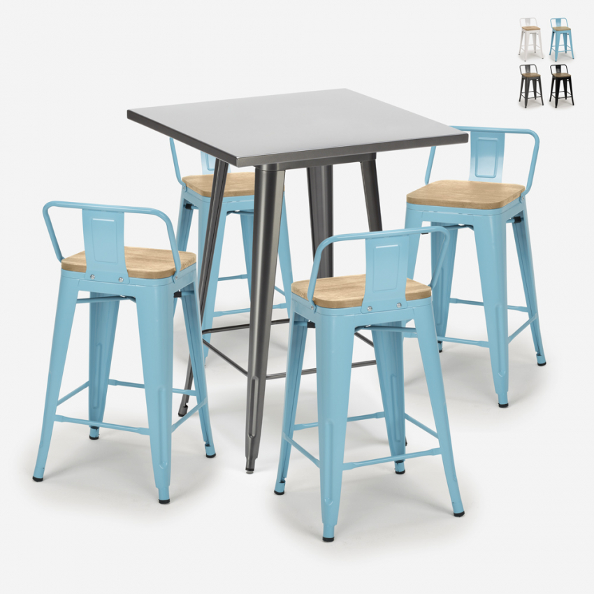 Conjunto de Mesa c/4 Bancos / Cadeiras p/Cozinha Café ou Esplanada 60x60cm Bucket Steel Saldos