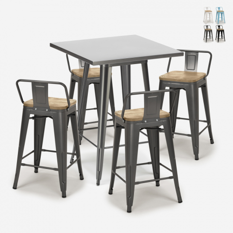 Conjunto de Mesa c/4 Bancos / Cadeiras p/Cozinha Café ou Esplanada 60x60cm Bucket Steel Promoção
