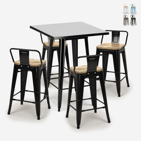 Conjunto de mesa de centro de metal preto 60x60cm 4 bancos de bar de cozinha tolix Bucket Steel Black