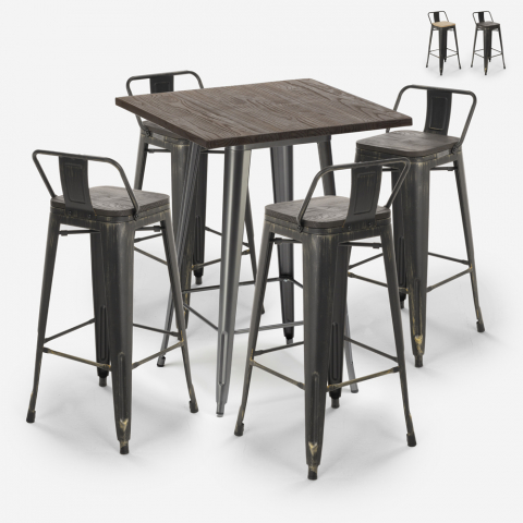 Conjunto mesa alta bar 60x60cm 4 bancos metal design tolix vintage Axel