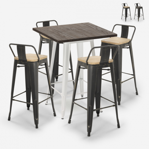 Conjunto mesa madeira metal alta bar 60x60cm 4 bancos tolix vintage Axel White