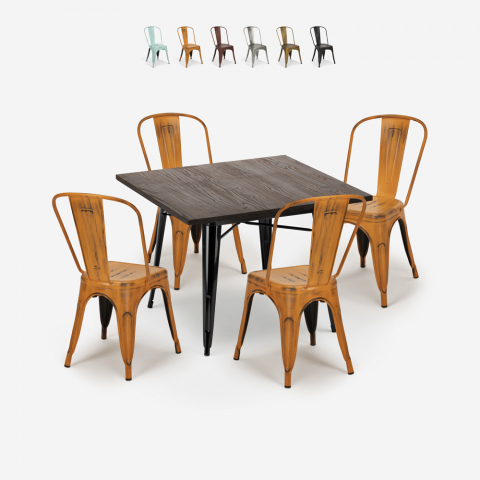 Conjunto 4 Cadeiras e Mesa de jantar, 80x80cm, Madeira Metal, Burton Black Promoção
