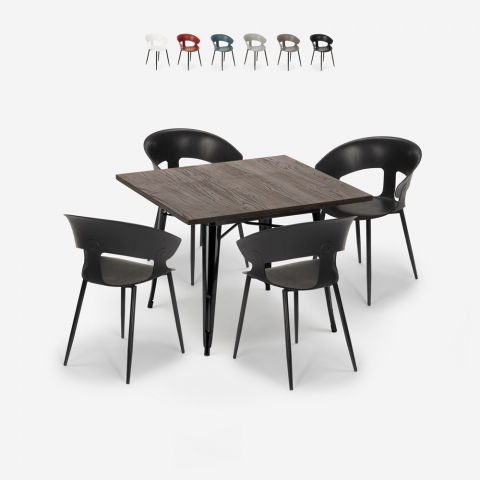 Conjunto 4 cadeiras design mesa quadrada 80x80cm tolix industrial Reeve Black
