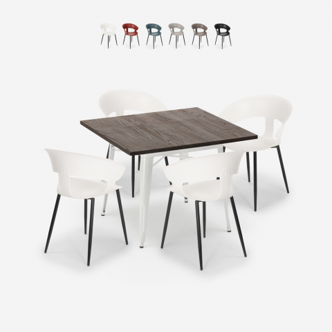 Conjunto mesa de jantar 80x80cm madeira metal 4 cadeiras design Reeve White