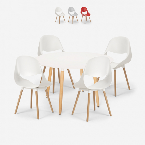 Conjunto mesa redonda branca 100cm design escandinavo 4 cadeiras Midlan Light