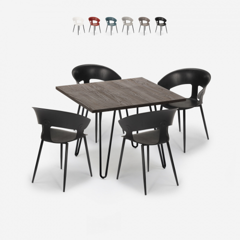 Conjunto de 4 cadeiras, mesa de design moderno 80x80cm cozinha industrial para restaurante Maeve Dark
