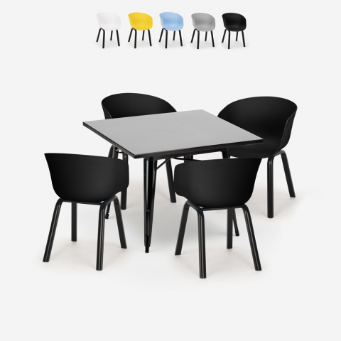 Conjunto mesa quadrada 80x80cm metal 4 cadeiras design moderno Krust Dark