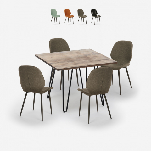 Conjunto de mesa de cozinha industrial 80x80cm 4 cadeiras de design em couro sintético Wright