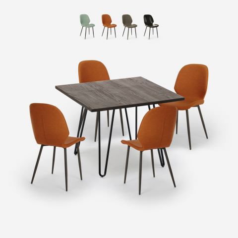 Conjunto industrial, bar, mesa, cozinha, 80x80cm, 4, cadeiras, design em couro sintético Wright Dark