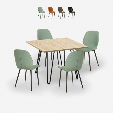Conjunto de 4 cadeiras design mesa em couro sintético madeira metal 80x80cm Wright Light