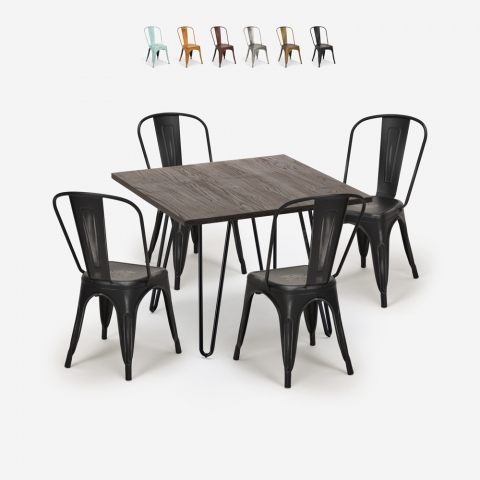 Conjunto de mesa quadrada 80x80cm madeira metal 4 cadeiras vintage tolix Hedges Dark