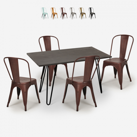 Conjunto de mesa de jantar 120x60cm madeira metal 4 cadeiras vintage tolix Weimar