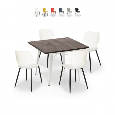 Conjunto mesa quadrada 80x80cm Tolix cozinha bar 4 cadeiras design Howe Light
