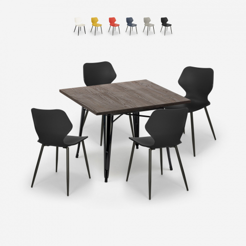 Conjunto 4 cadeiras polipropileno mesa Tolix 80x80cm quadrado metal Howe Dark
