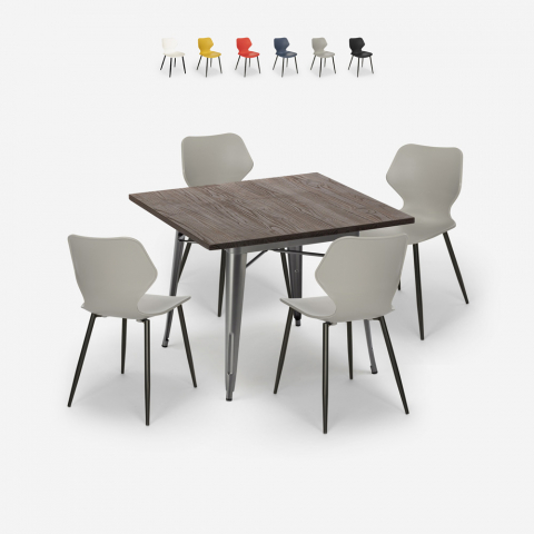 Conjunto bar cozinha mesa quadrada 80x80cm Tolix 4 cadeiras design moderno Howe