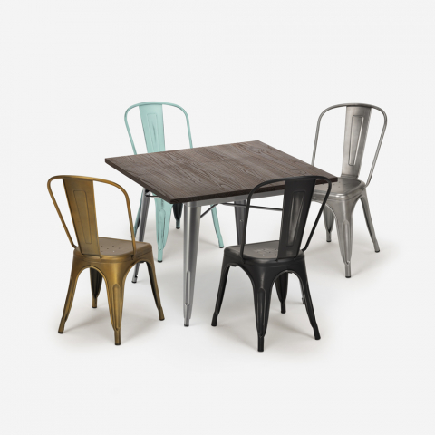 Conjunto de bar, cozinha, mesa industrial 80x80cm 4 cadeiras vintage tolix Almond