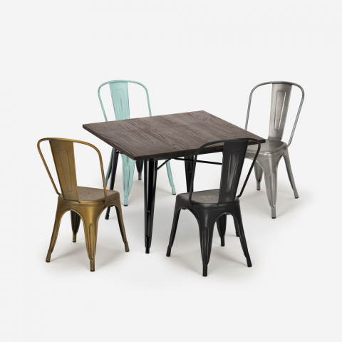 Conjunto de 4 cadeiras vintage tolix mesa industrial 80x80cm madeira metal Dickson