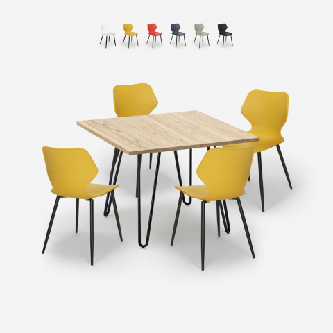Conjunto mesa quadrada estilo industrial 80x80cm 4 cadeiras design Sartis Light